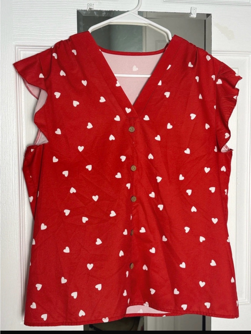 Women’s Red Heart Print Button-Front Sleep Top Size L
